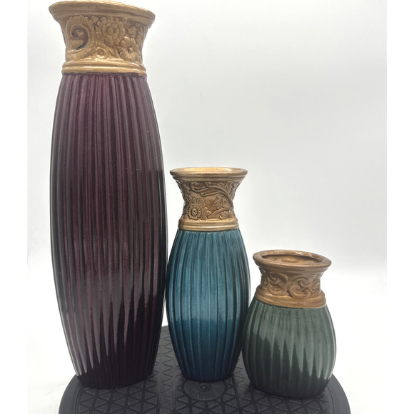 Set Of Three Ceramic Vases Maroon Teal Green With Gold - Picture 1 of 5